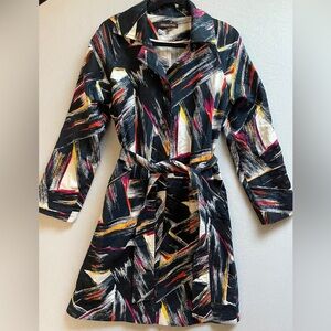 Adrienne Vittadini Multicolor Abstract Trench Belted Jacket Dress Sz 8